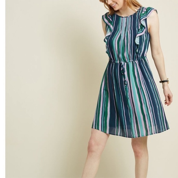 Modcloth Dress Women Small Ruffled Stripe Sleeveless Waist Tie Lined Green b26 - Picture 1 of 10